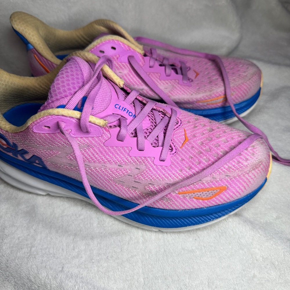 Hoka Clifton Pink and Blue Athletic Shoes